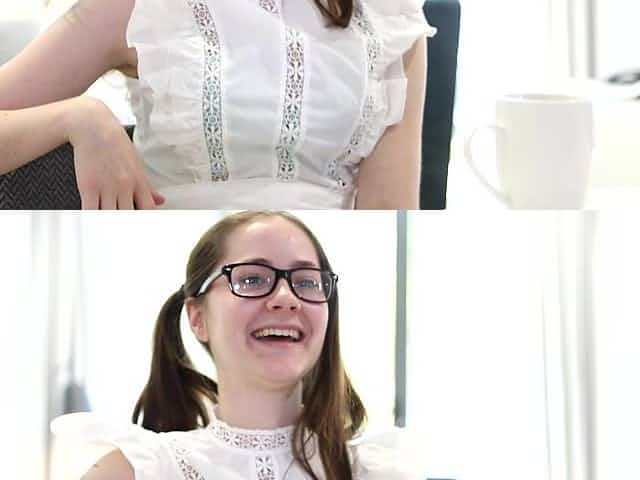Charming nerdy Eva May is jilling off her pussy