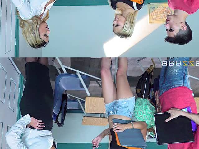 Skinny guy gives a good drilling to two sexy babes in the classroom