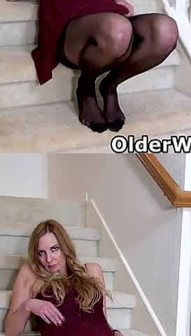 Long Legged Housewife Phoebe Waters From the Usa Does a Striptease on the Stairs Before She Starts Vibrating Her Clit