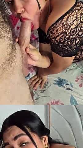 Keilimar, a Colombian brunette hair, sucks her boyfriend's dick, then applies lubricant to mount and ride him.