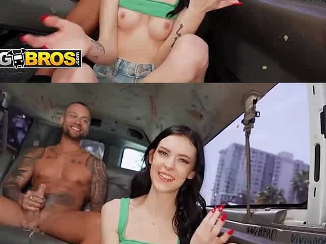 Slim brunette hair tiny tit amateur gets stretched out on the bangbus