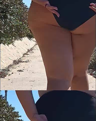 Exhibitionist wife walking and flashing large butt in public once more