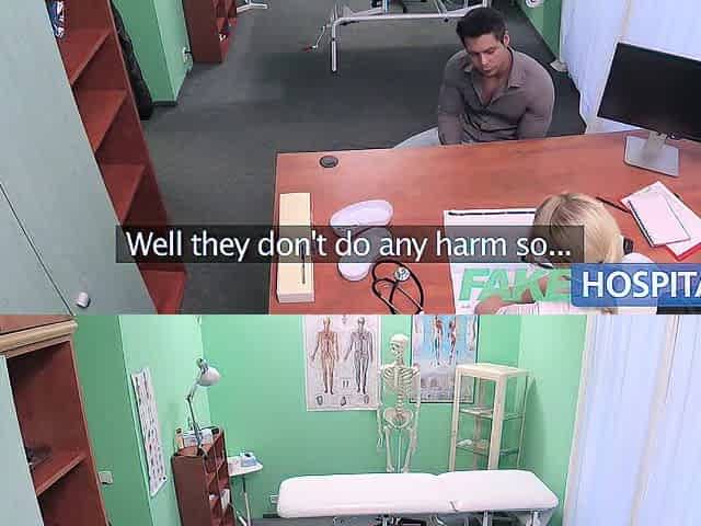 Fake Hospital Fit man cums over sexy blond nurses titties after screwing her