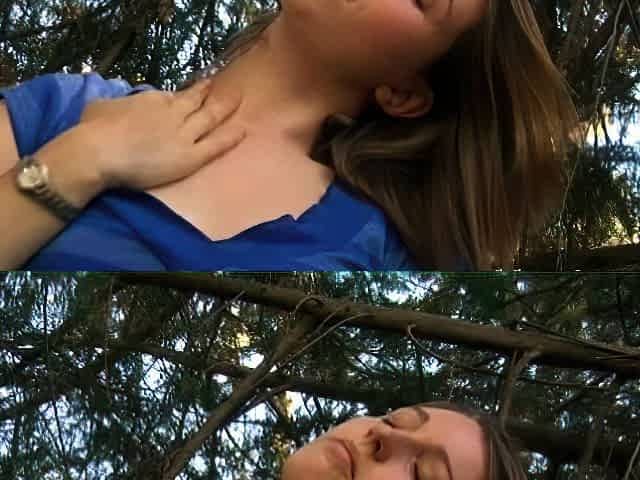 Small titted brunette Sharron with glasses masturbates