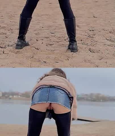 Walking along the beach out of pants.