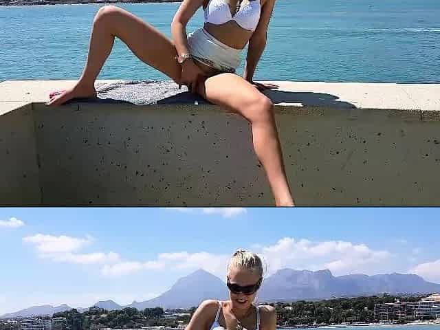 Outdoor solo masturbation scene with curly blonde
