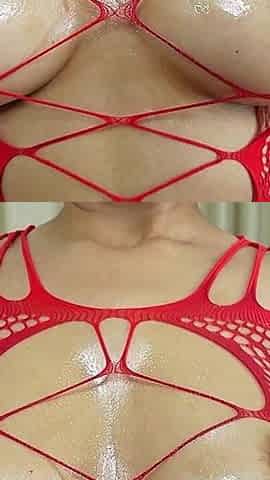 Nipple Play in Red Bodystocking