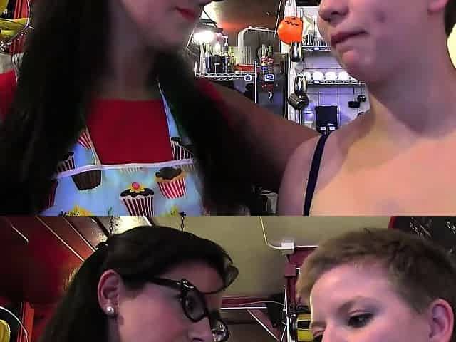 1st time youthful clerk enticed in a bakery by the lesbo boss and banged behind the counter