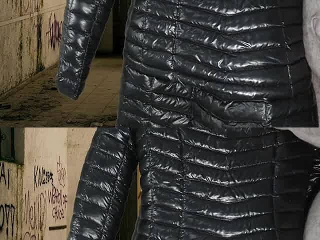Cuming on Girlfriend's Shiny Ebony G.W. Down Jacket