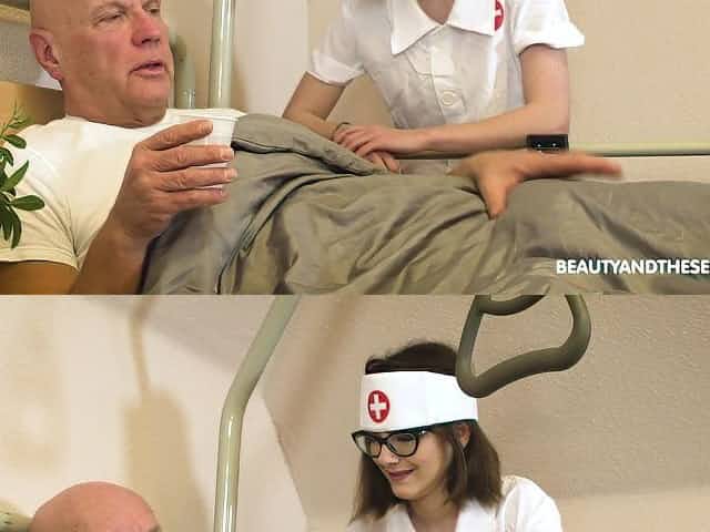Slutty nerdy teen nurse Sara Bell rides her patient's old dick