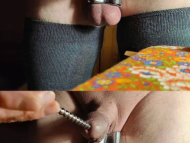 Kinky person in nylons, sounding, stroking and cumming.