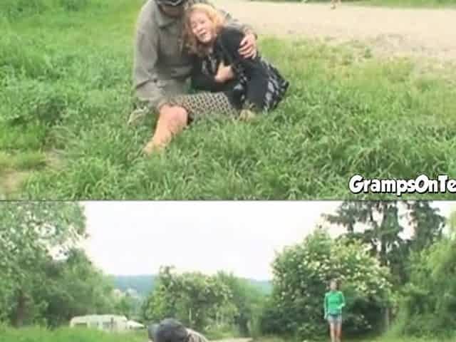 Slutty teen fucks gramps in threeway