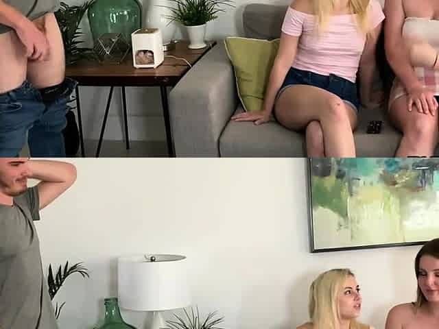 Cutie CFNM babes giving blowjob to guy
