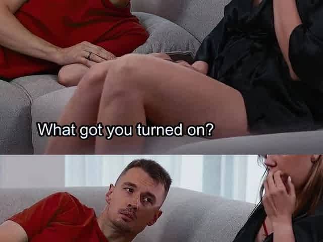 Stepmom and step friend seduce on couch with porn,