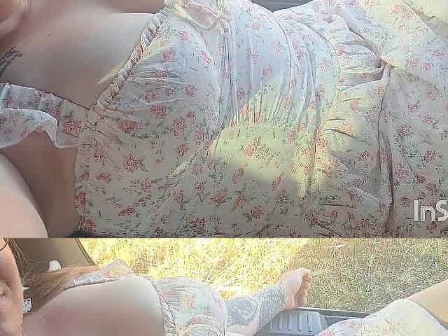 Showing my large soft bazookas in a cute summer costume in full view of a public road