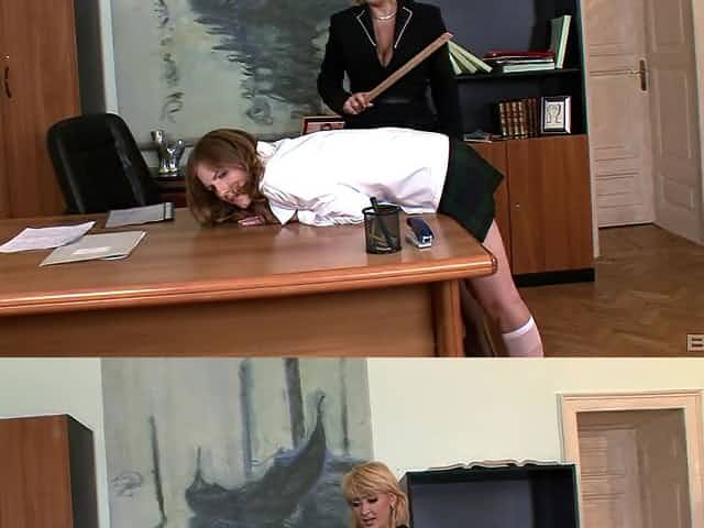 Dirty mature Madam takes off panties of Lolly Cat to spank her ass