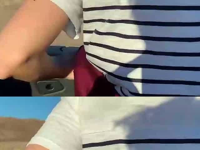 Blonde young adult with enormous tits in a car