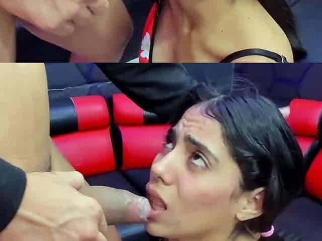 Asian Girl Gives Sloppy Blowjob to Big Cock on Red Couch