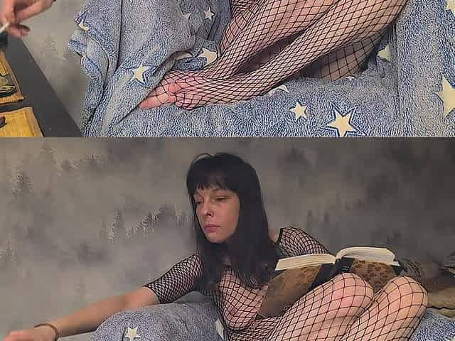 A slim brunette hair smokes, reads a book and masturbates, and then gets a mouthful of semen