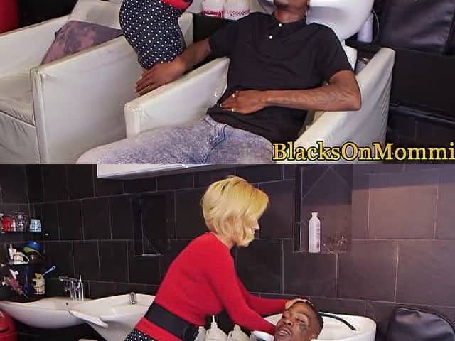 Blonde hairdresser doggystyled in salon trio