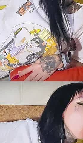 Tattooed Gothic Babe Blowjob and Handjob Tease with Triple Face Finish