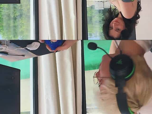 Big tits brunette seduces a gamer and he fucks her little twat