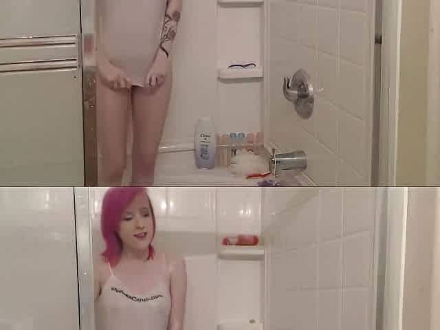 pink hair alternative camgirl disrobes and bangs snatch in the shower