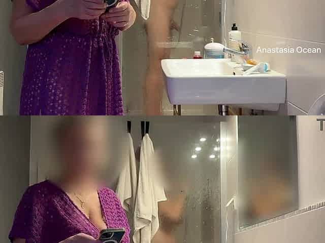 3 of us in the baths. This guy's jerking in shower front of my step Mama. Family use. Voyeur.