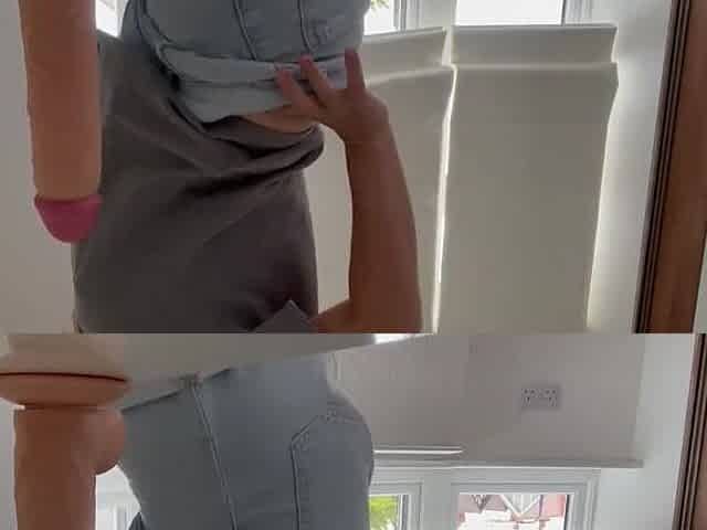Neighbor watches me ride my monster vibrator, stretching my snatch until I cum