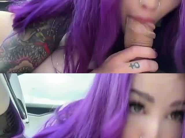 Tattooed Purple Hair Babe Rides Cock And Squirts In Moving Tesla Car