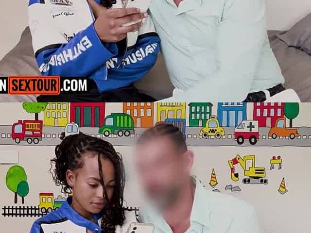 Barely speaking English ebony amateur with massive natural melons sex on camera