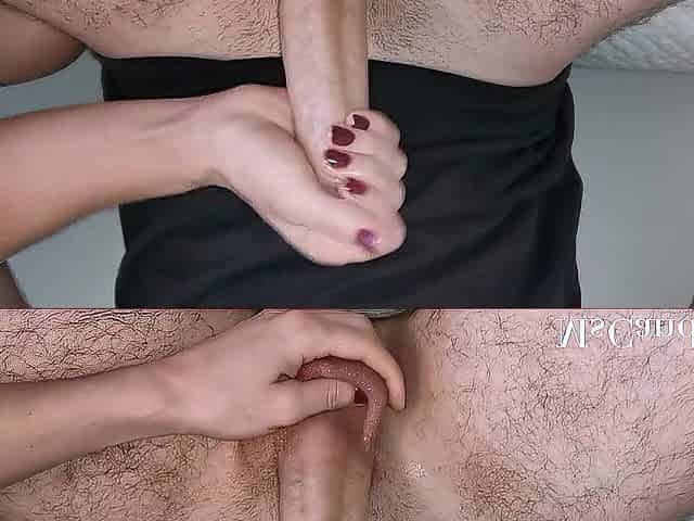 Tugjob with lube during the time that that babe plays with his nuts ending with good cum load