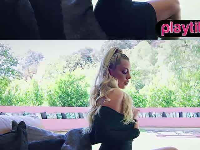Large booty small golden-haired chick disrobes and exposes her merry round bazookas