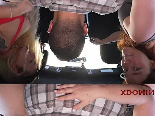 Anal Threesome in the Car with Massive Huge Cock Driver