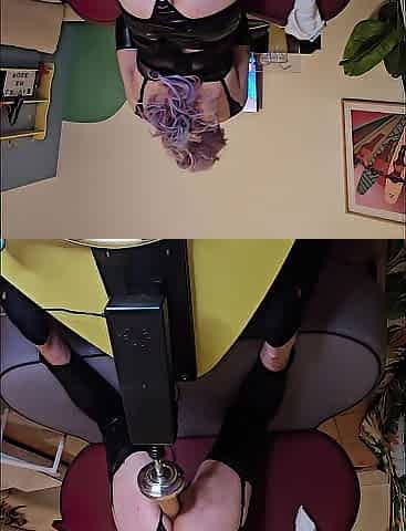 Hot Sissy lola purple hair and ebony latex get bang on sofa by sex machine