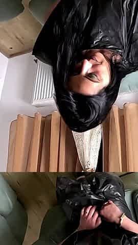 Trash Bag Slut Roleplay. Plastic Fetish MILF Deepthroat, Doggy and Double Cum on Shiny Bag
