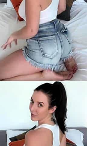 Busty curly brunette with big boobs fucks on couch
