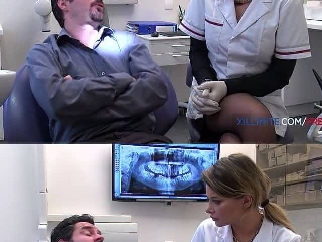 Blonde dentist bangs her patient