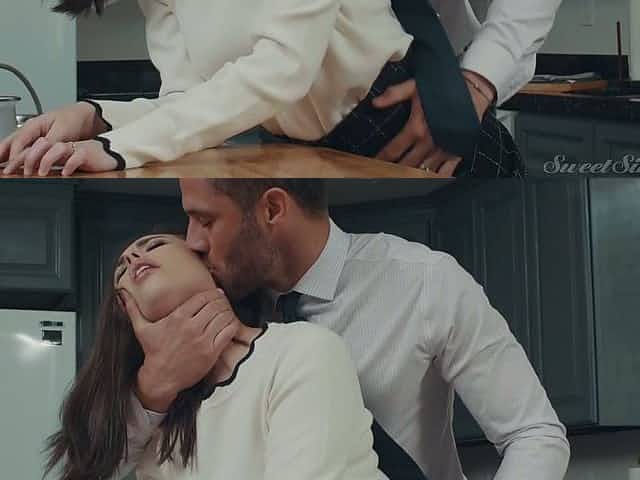 Insatiable husband is fucking sexy wife Casey Calvert in the kitchen