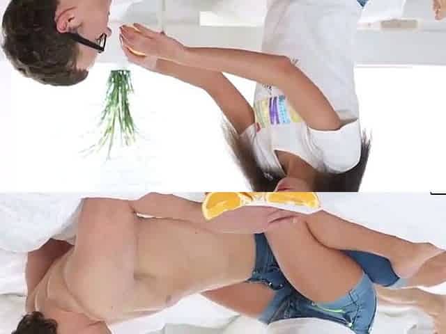 Cute brunette loves to play with food