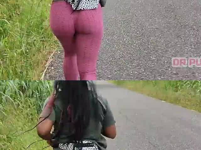 BLACK WITH LARGE BUTT IN LEGGINGS RUNNING ALONE IN THE FOREST