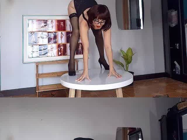 Regina Noir trying on high heels. Striptease in darksome underware and nylons three