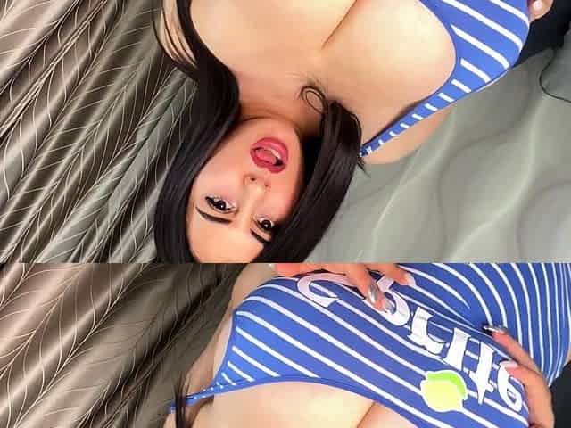 Busty curly brunette with big boobs fucks on couch