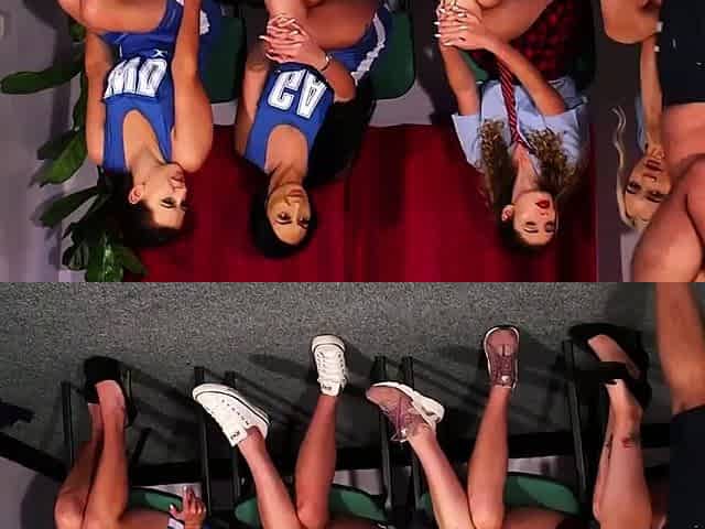 Horny sophomore CFNM babes wanking a guy