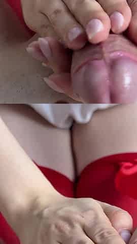 New Year Footjob in Festive Stockings and Lots of Cum on Red Nylon