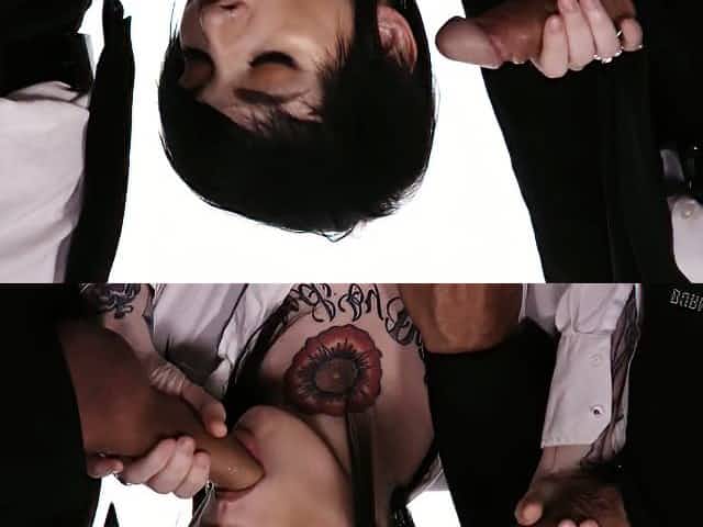 Tattooed goth chick Steve Holmes gets double penetrated for the first time