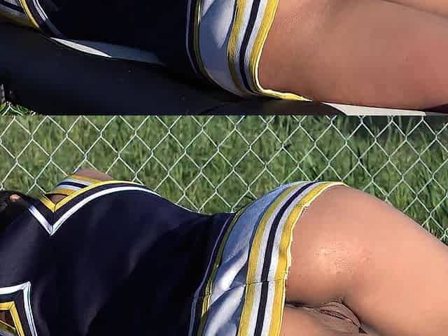 Looking up close at this cheerleader with no pants