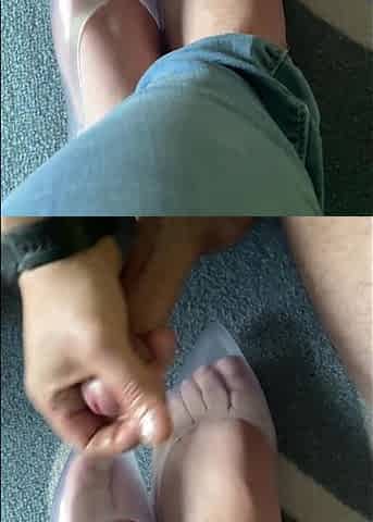In transparent shoes cum on feet