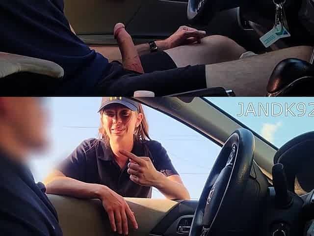 Brunette hair Employee Gives Public Tugjob to Stranger in Drive Thru