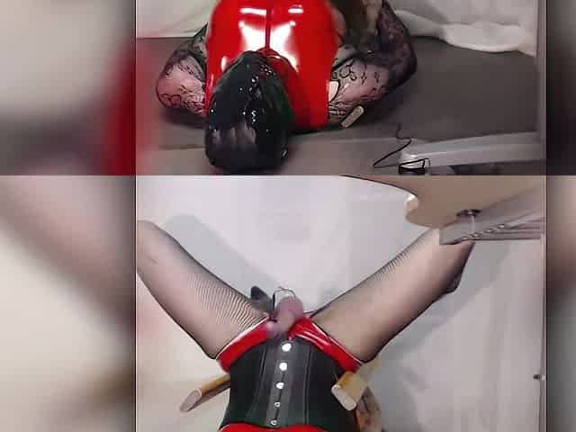Electro Handsfree Selfcum Into Throat and on Mask, in Boots, Fishnet, Corset and Red Pvc Dress